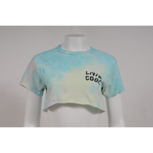 Livin Cool Womens Crop Top Size Small Blue Yellow Tie Dye Cotton T Shirt Raw Hem - Picture 2 of 7
